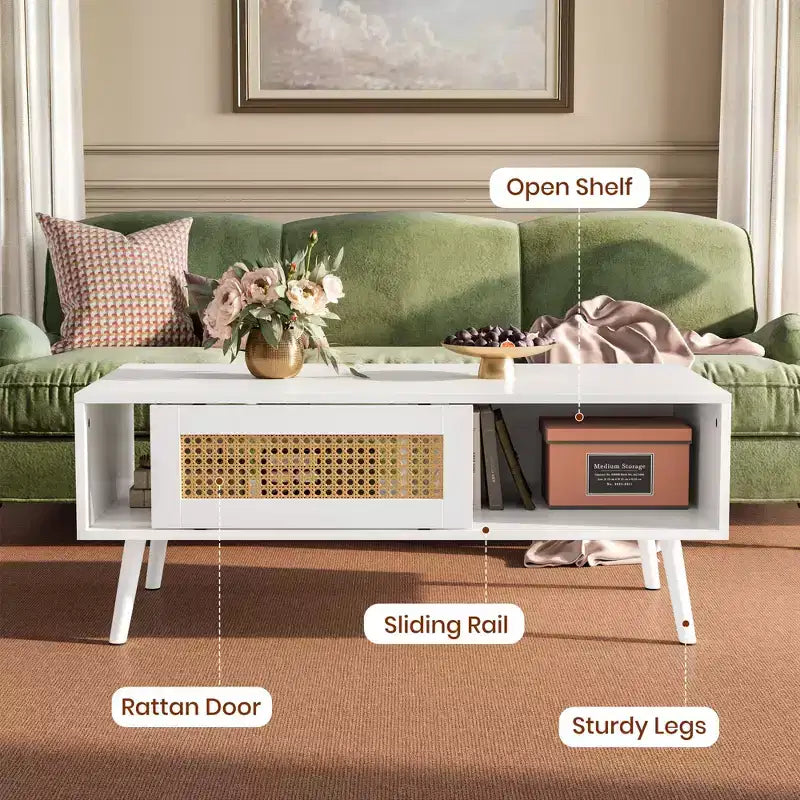 Living Room Table Sets of 2, Includes 47 Rattan TV Stand Storage Cabinet for 55 TV, Farmhouse Coffee Table with Storage Shelf for Bedroom
