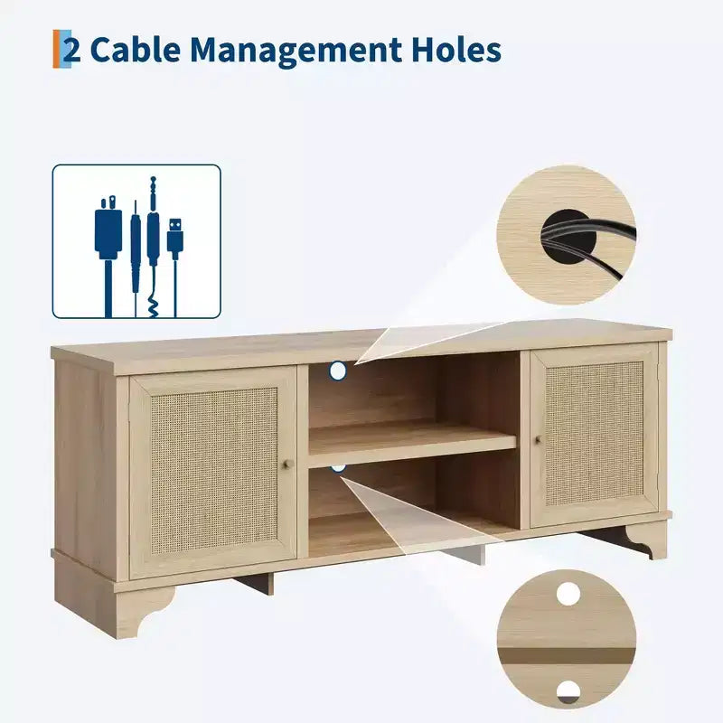 Living Room Table Sets of 2, Includes 47 Rattan TV Stand Storage Cabinet for 55 TV, Farmhouse Coffee Table with Storage Shelf for Bedroom