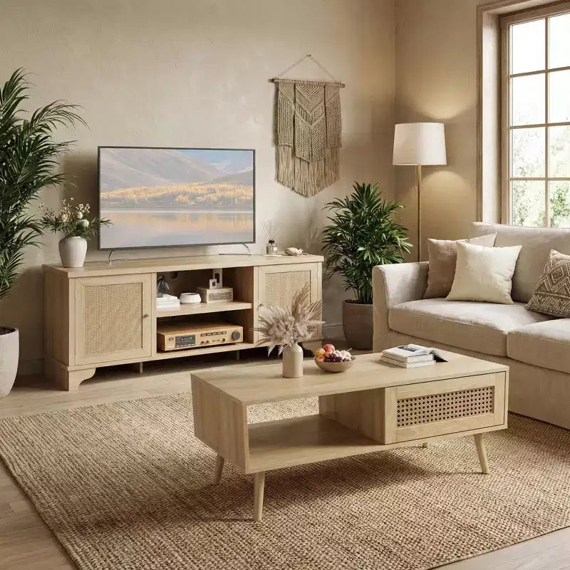 Living Room Table Sets of 2, Includes 47 Rattan TV Stand Storage Cabinet for 55 TV, Farmhouse Coffee Table with Storage Shelf for Bedroom