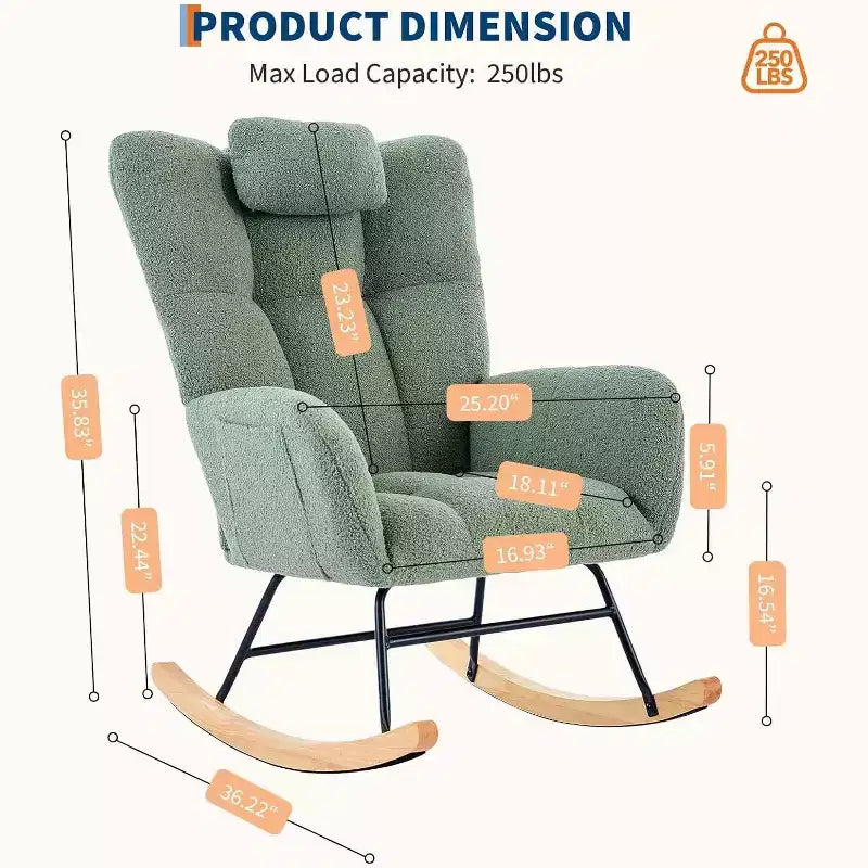 Teddy Fabric Upholstered Nursery Rocking Chair, Cozy Glider Rocker for Living Room Bedroom & Classroom Small Spaces