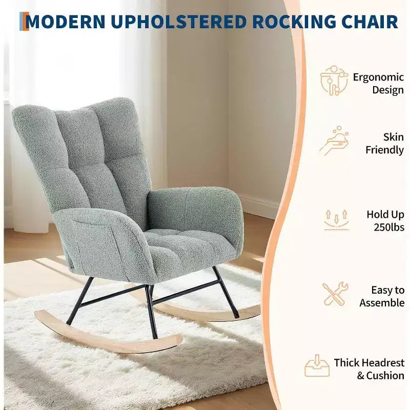 Teddy Fabric Upholstered Nursery Rocking Chair, Cozy Glider Rocker for Living Room Bedroom & Classroom Small Spaces