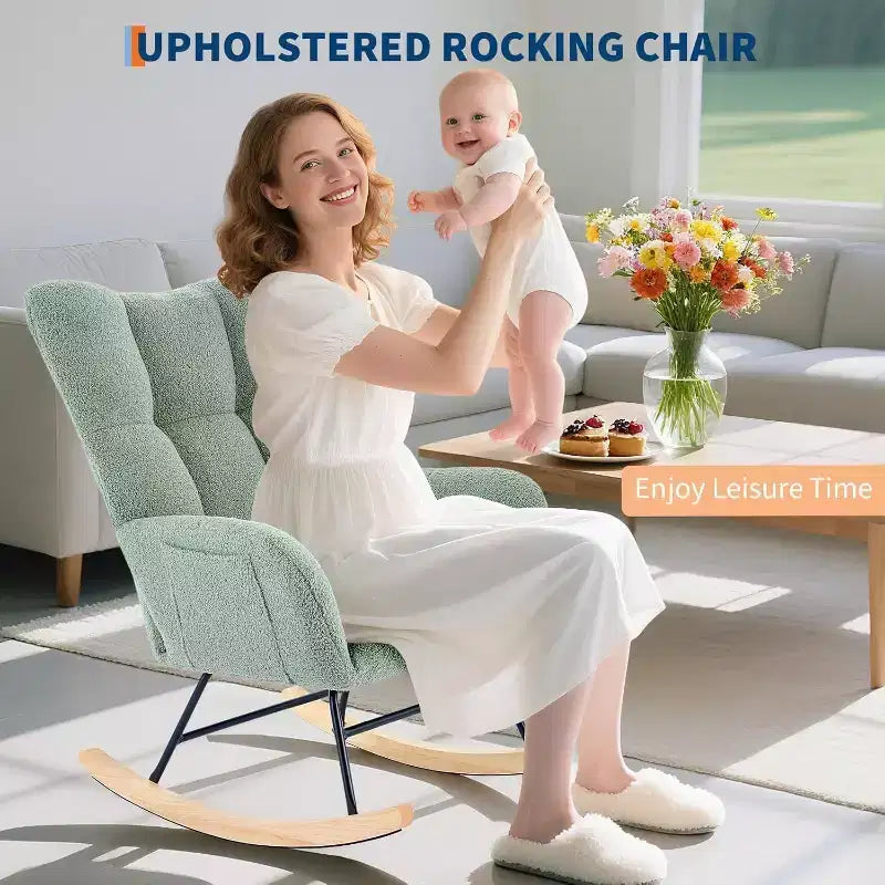 Teddy Fabric Upholstered Nursery Rocking Chair, Cozy Glider Rocker for Living Room Bedroom & Classroom Small Spaces