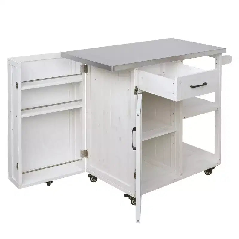 sumyeg Outdoor Kitchen Island Cart with Stainless Steel Top, Fir Wood Prep Station with Storage Cabinet, Drawer, Shelves and Lockable Wheels, White