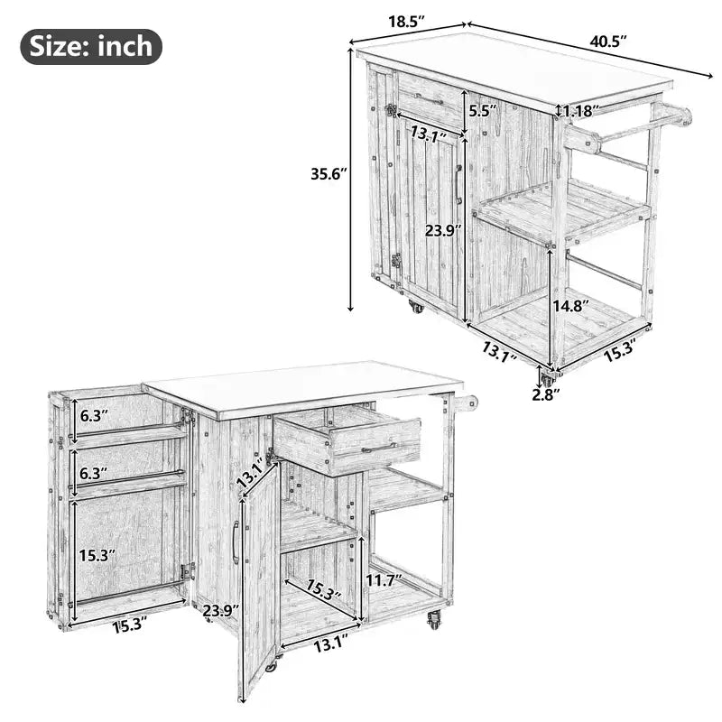 sumyeg Outdoor Kitchen Island Cart with Stainless Steel Top, Fir Wood Prep Station with Storage Cabinet, Drawer, Shelves and Lockable Wheels, White