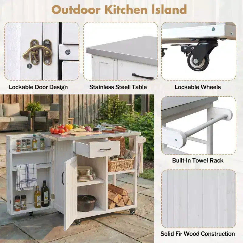 sumyeg Outdoor Kitchen Island Cart with Stainless Steel Top, Fir Wood Prep Station with Storage Cabinet, Drawer, Shelves and Lockable Wheels, White
