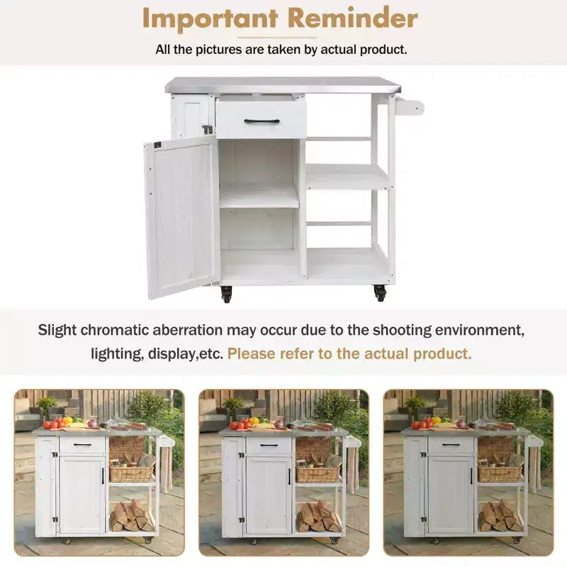 sumyeg Outdoor Kitchen Island Cart with Stainless Steel Top, Fir Wood Prep Station with Storage Cabinet, Drawer, Shelves and Lockable Wheels, White