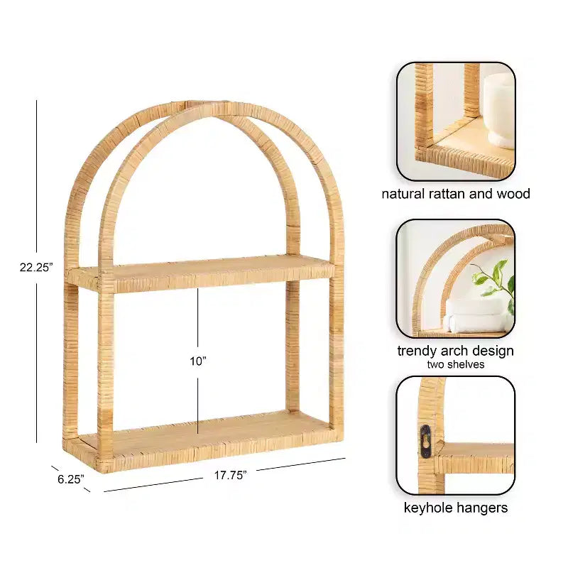Kate and Laurel Rahmati Arched Rattan Wall Shelf, Natural, 18x23