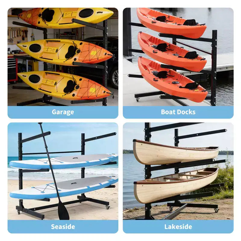 Freestanding Kayak Storage Rack with Wheels, Adjustable Kayak Racks for Garage and Outdoor, Kayak Stands for Canoes, Kayaks, SUP and Surfboards