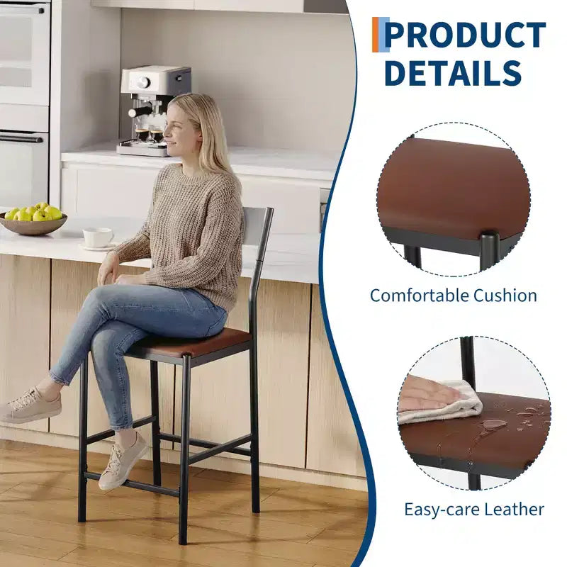 Set of 2 Modern Counter Height Bar Stools, PU Leather Island Chairs w/ Curved Backrest & Footrest, 300lbs Heavy Duty Iron Frame for Kitchen