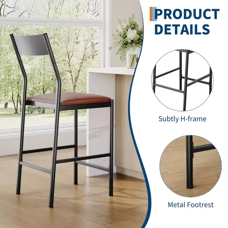 Set of 2 Modern Counter Height Bar Stools, PU Leather Island Chairs w/ Curved Backrest & Footrest, 300lbs Heavy Duty Iron Frame for Kitchen