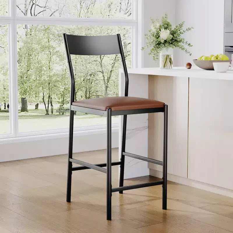 Set of 2 Modern Counter Height Bar Stools, PU Leather Island Chairs w/ Curved Backrest & Footrest, 300lbs Heavy Duty Iron Frame for Kitchen