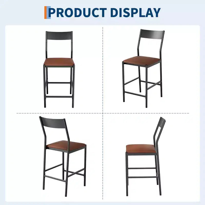 Set of 2 Modern Counter Height Bar Stools, PU Leather Island Chairs w/ Curved Backrest & Footrest, 300lbs Heavy Duty Iron Frame for Kitchen
