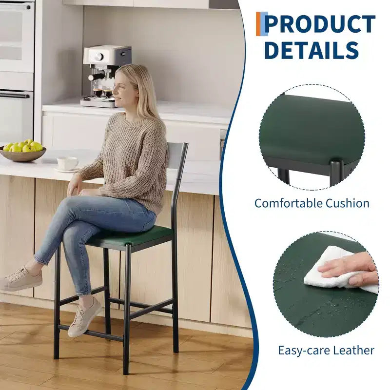 Set of 2 Modern Counter Height Bar Stools, PU Leather Island Chairs w/ Curved Backrest & Footrest, 300lbs Heavy Duty Iron Frame for Kitchen