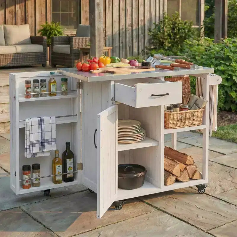 GDFStudio Tony Outdoor Kitchen Island Fir Wood Prep Station with Stainless Steel Top