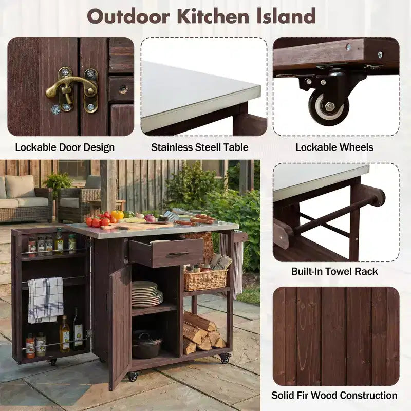 GDFStudio Tony Outdoor Kitchen Island Fir Wood Prep Station with Stainless Steel Top
