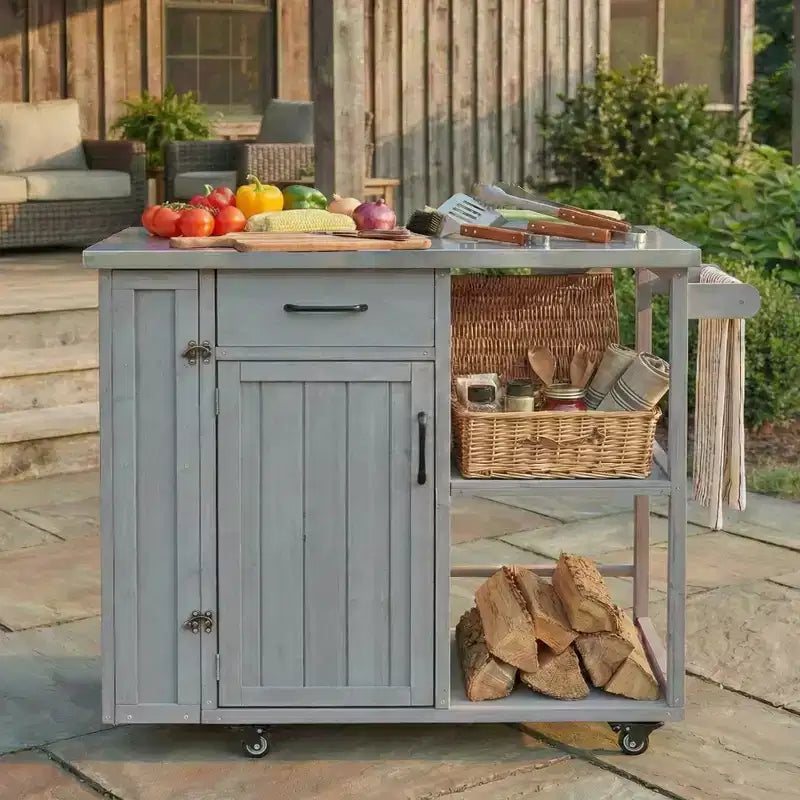 GDFStudio Tony Îlot de cuisine d'extérieur en bois de sapin avec plan de travail en acier inoxydable