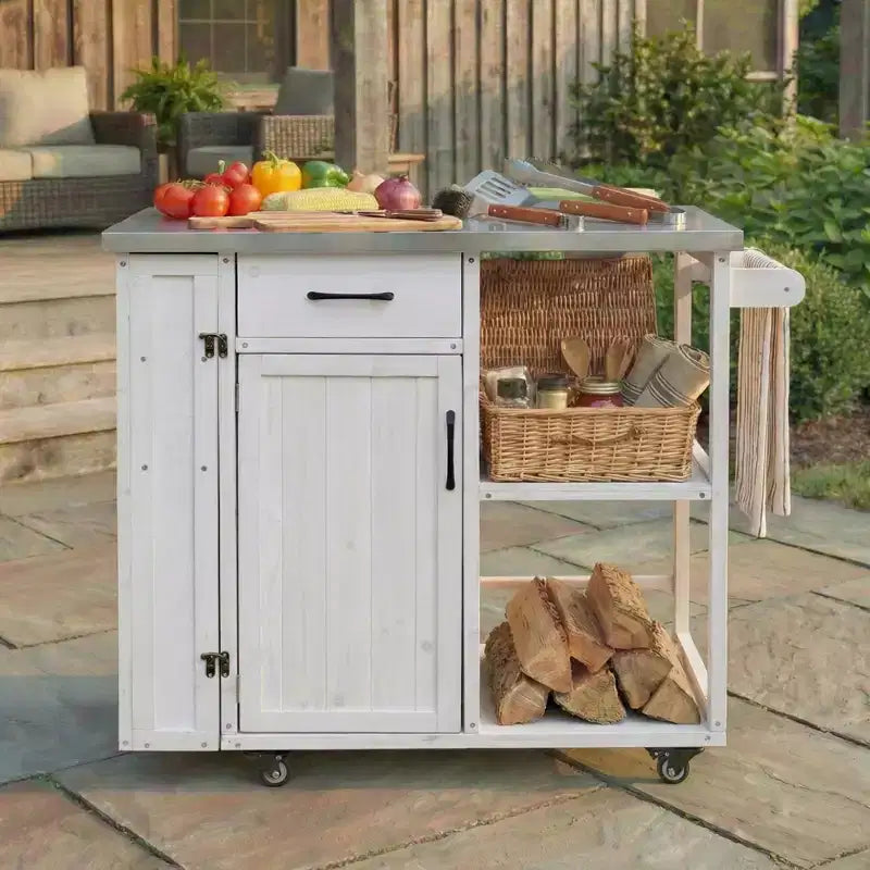 GDFStudio Tony Îlot de cuisine d'extérieur en bois de sapin avec plan de travail en acier inoxydable
