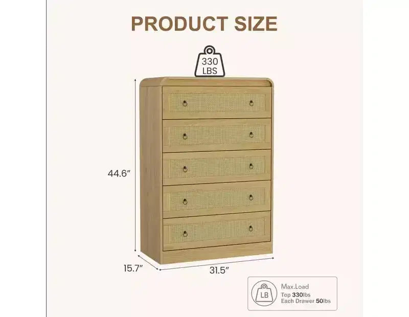 5 Drawer Dresser for Bedroom, 44H Wooden Chest of Drawers, Modern Clothes Storage Organizer, Dresser Narrow Nightstand for Bedroom