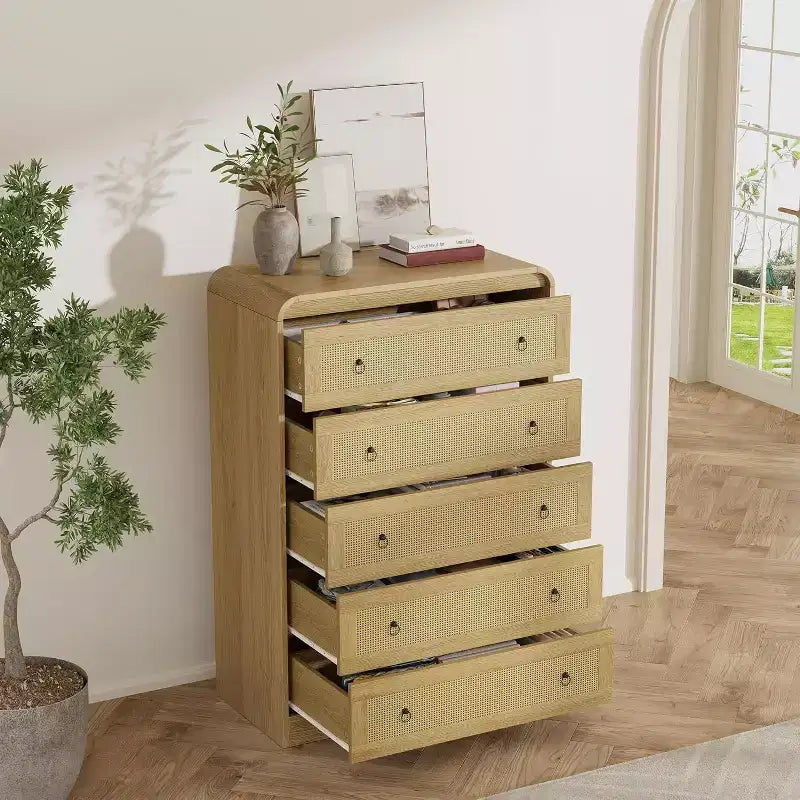 5 Drawer Dresser for Bedroom, 44H Wooden Chest of Drawers, Modern Clothes Storage Organizer, Dresser Narrow Nightstand for Bedroom