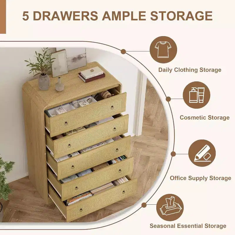 5 Drawer Dresser for Bedroom, 44H Wooden Chest of Drawers, Modern Clothes Storage Organizer, Dresser Narrow Nightstand for Bedroom