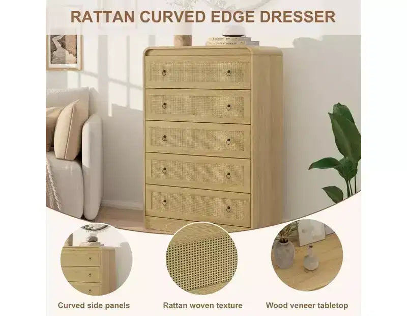 5 Drawer Dresser for Bedroom, 44H Wooden Chest of Drawers, Modern Clothes Storage Organizer, Dresser Narrow Nightstand for Bedroom