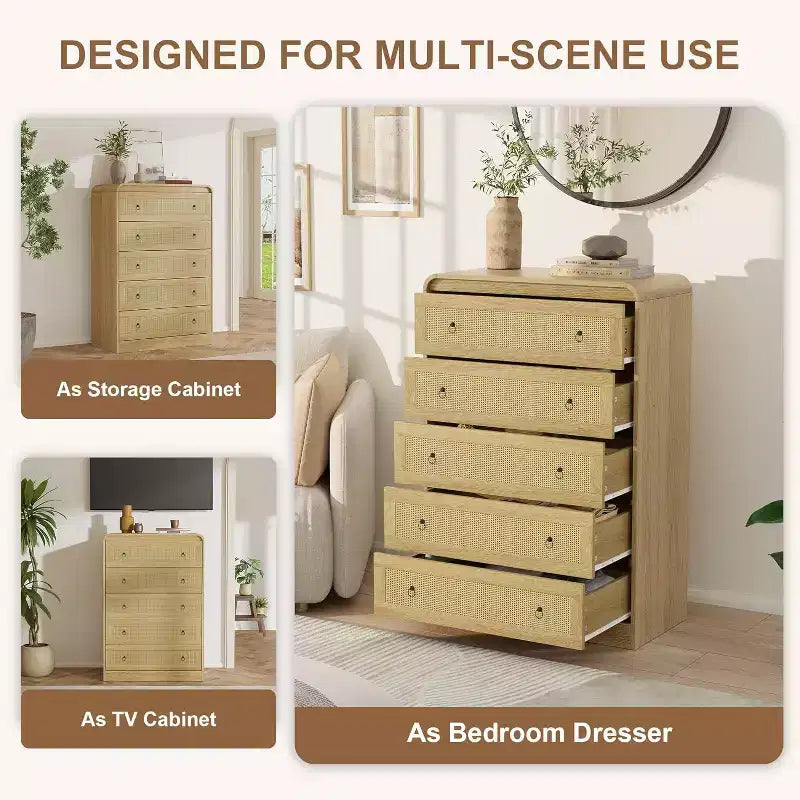 5 Drawer Dresser for Bedroom, 44H Wooden Chest of Drawers, Modern Clothes Storage Organizer, Dresser Narrow Nightstand for Bedroom