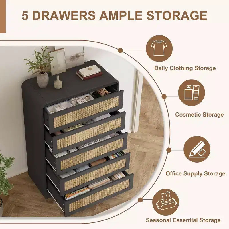 5 Drawer Dresser for Bedroom, 44H Wooden Chest of Drawers, Modern Clothes Storage Organizer, Dresser Narrow Nightstand for Bedroom