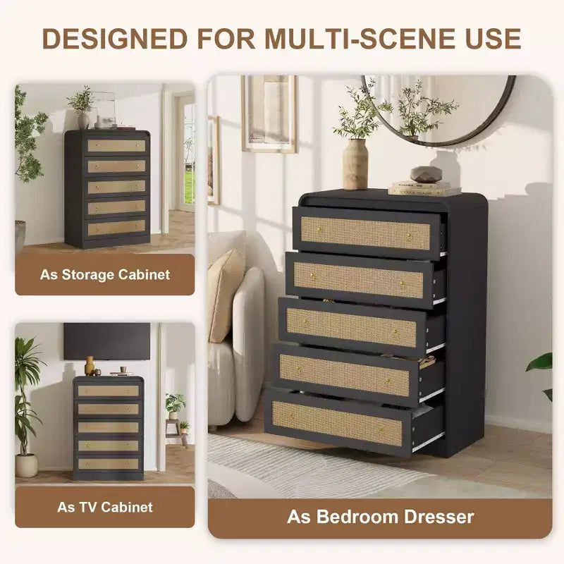 5 Drawer Dresser for Bedroom, 44H Wooden Chest of Drawers, Modern Clothes Storage Organizer, Dresser Narrow Nightstand for Bedroom