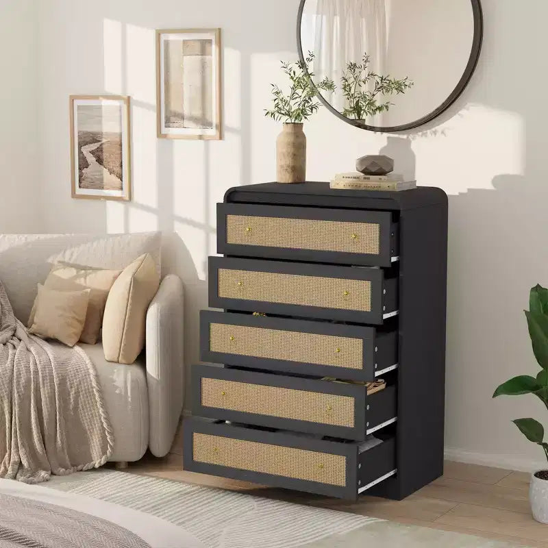 5 Drawer Dresser for Bedroom, 44H Wooden Chest of Drawers, Modern Clothes Storage Organizer, Dresser Narrow Nightstand for Bedroom