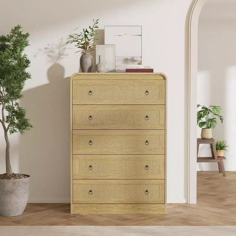 5 Drawer Dresser for Bedroom, 44H Wooden Chest of Drawers, Modern Clothes Storage Organizer, Dresser Narrow Nightstand for Bedroom