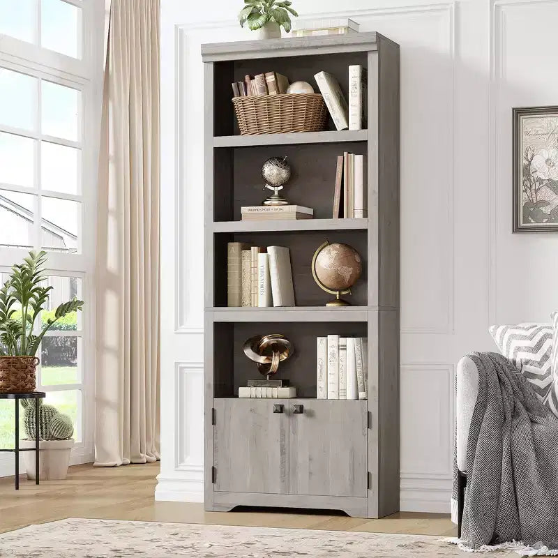69 Tall Farmhouse Bookcase w/ 2 Doors, 5-Tier Wood Bookshelf w/ Adjustable Shelves, Open Display Storage Rack for Living Room & Home Office
