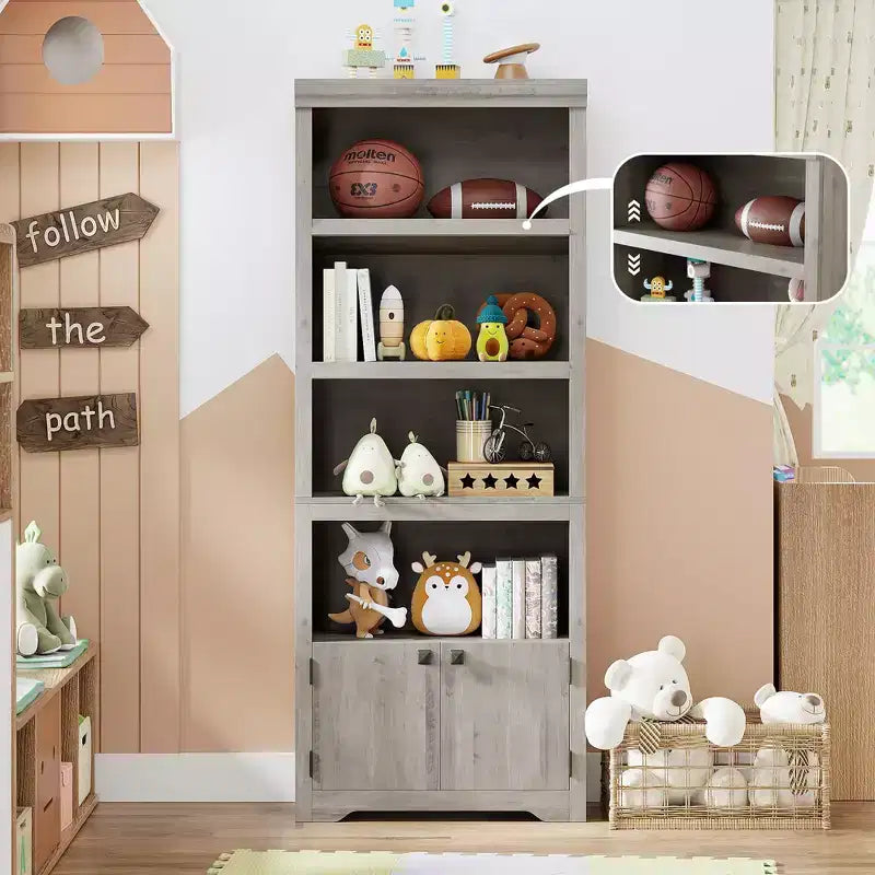 69 Tall Farmhouse Bookcase w/ 2 Doors, 5-Tier Wood Bookshelf w/ Adjustable Shelves, Open Display Storage Rack for Living Room & Home Office