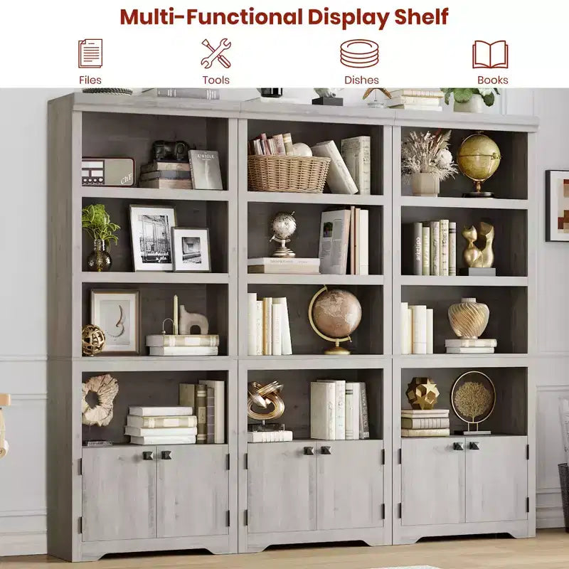 69 Tall Farmhouse Bookcase w/ 2 Doors, 5-Tier Wood Bookshelf w/ Adjustable Shelves, Open Display Storage Rack for Living Room & Home Office