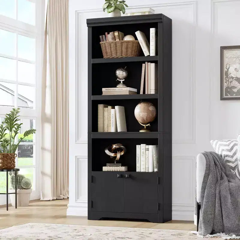69 Tall Farmhouse Bookcase w/ 2 Doors, 5-Tier Wood Bookshelf w/ Adjustable Shelves, Open Display Storage Rack for Living Room & Home Office