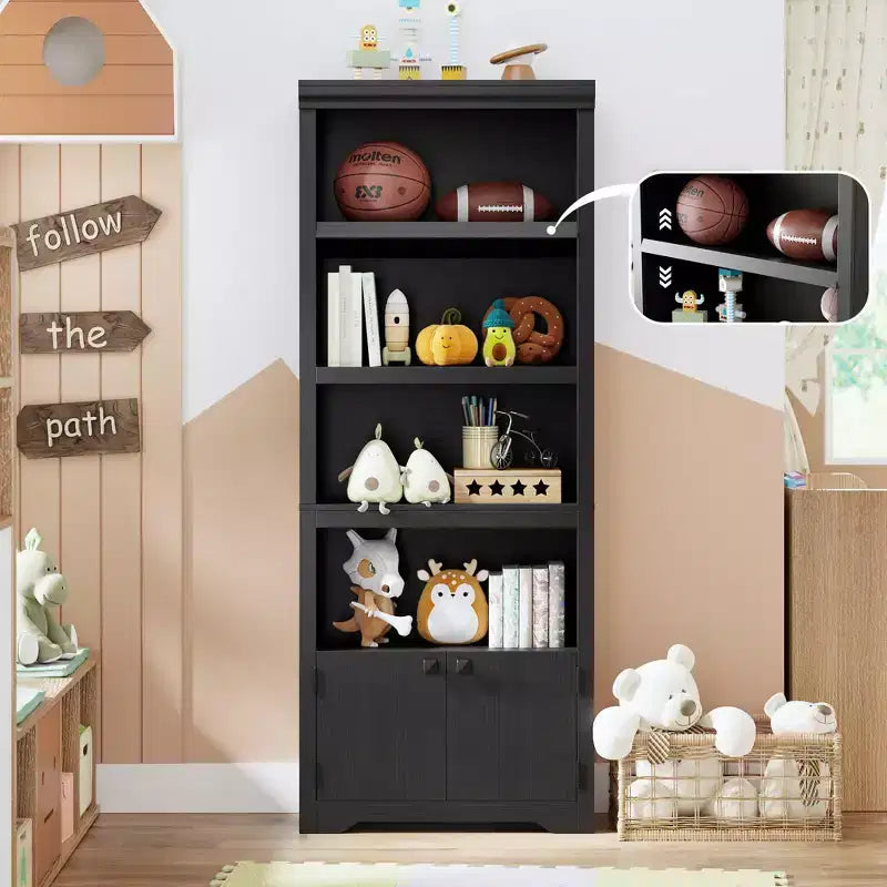 69 Tall Farmhouse Bookcase w/ 2 Doors, 5-Tier Wood Bookshelf w/ Adjustable Shelves, Open Display Storage Rack for Living Room & Home Office