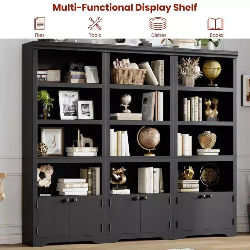 69 Tall Farmhouse Bookcase w/ 2 Doors, 5-Tier Wood Bookshelf w/ Adjustable Shelves, Open Display Storage Rack for Living Room & Home Office