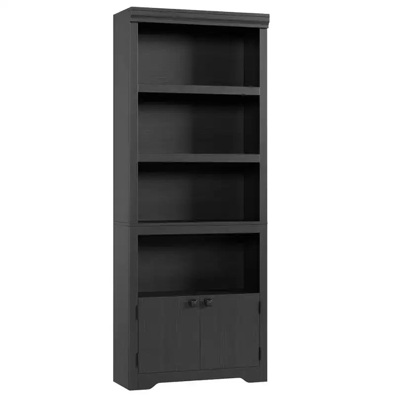69 Tall Farmhouse Bookcase w/ 2 Doors, 5-Tier Wood Bookshelf w/ Adjustable Shelves, Open Display Storage Rack for Living Room & Home Office