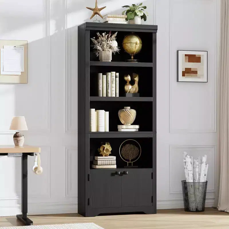 69 Tall Farmhouse Bookcase w/ 2 Doors, 5-Tier Wood Bookshelf w/ Adjustable Shelves, Open Display Storage Rack for Living Room & Home Office