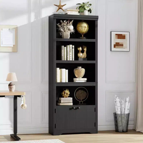 69 Tall Farmhouse Bookcase w/ 2 Doors, 5-Tier Wood Bookshelf w/ Adjustable Shelves, Open Display Storage Rack for Living Room & Home Office