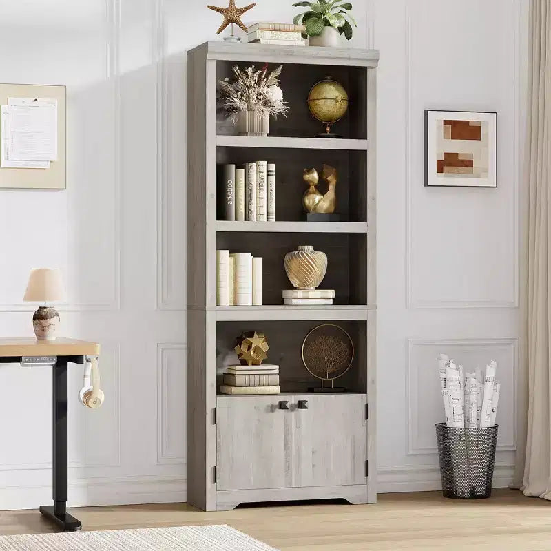 Bibliothèque de ferme de 175 cm avec 2 portes, étagère en bois à 5 niveaux avec étagères réglables, étagère de rangement ouverte pour le salon et le bureau à domicile