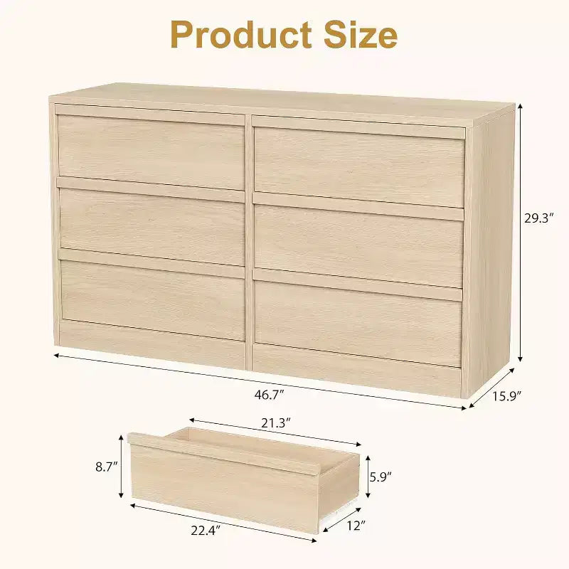 GustoWave 6-Drawer Storage Dresser With Waterproof Top, Natural Oak Finish, For Bedroom Or Entryway