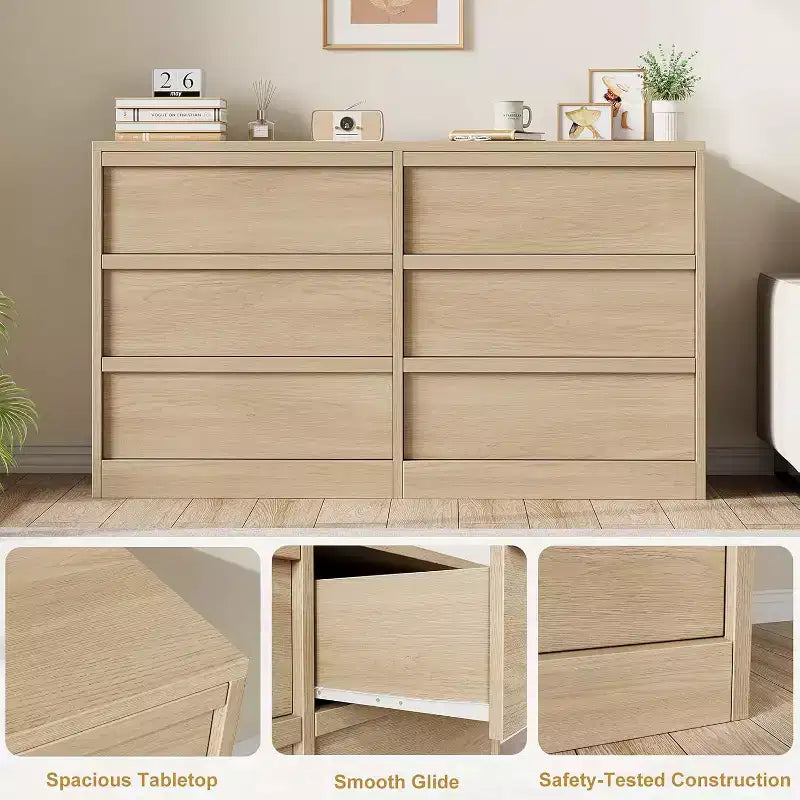 GustoWave 6-Drawer Storage Dresser With Waterproof Top, Natural Oak Finish, For Bedroom Or Entryway