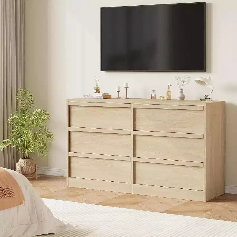 GustoWave 6-Drawer Storage Dresser With Waterproof Top, Natural Oak Finish, For Bedroom Or Entryway