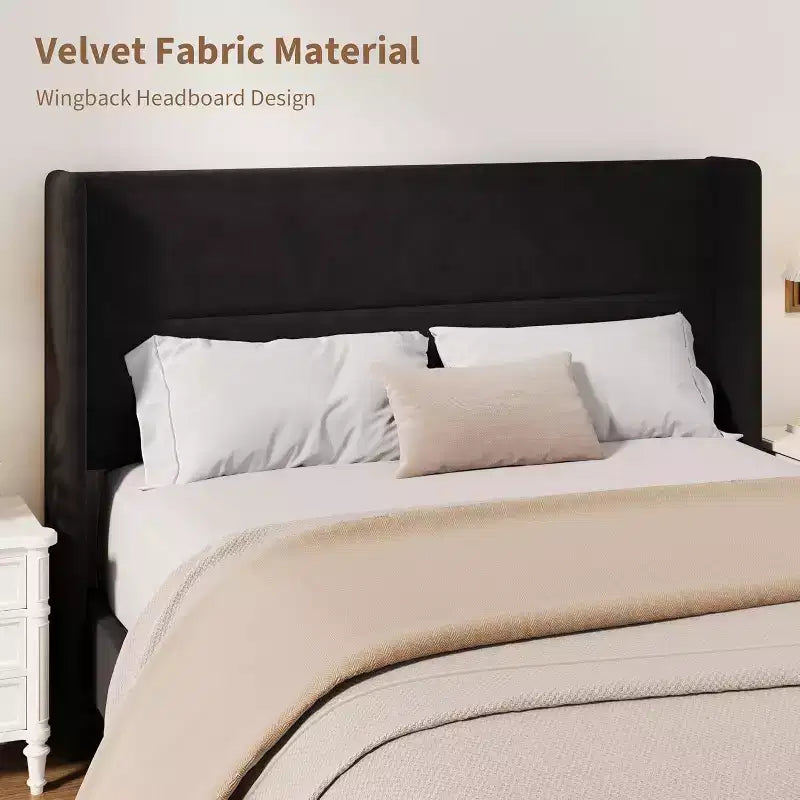GuatoWave Velvet Upholstered Platform Bed Frame with Tufted Wingback Headboard