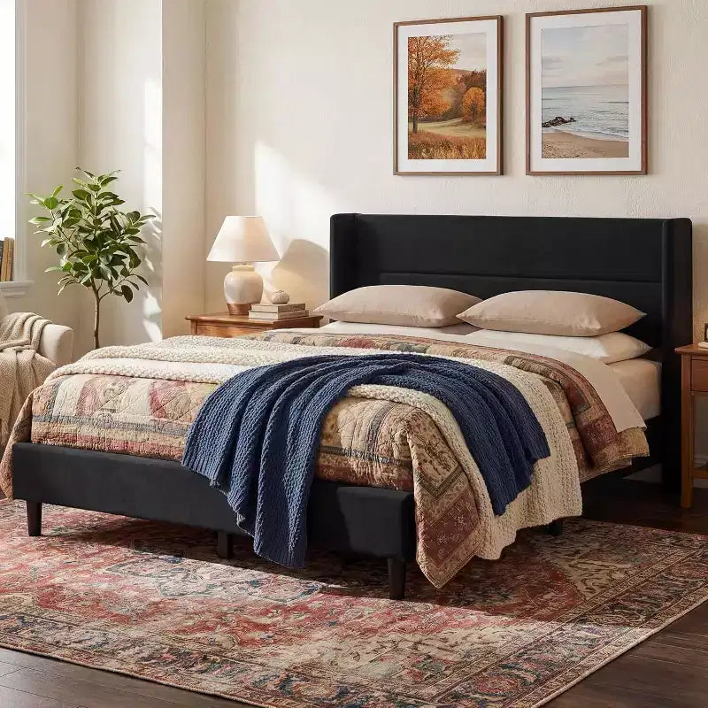 GuatoWave Velvet Upholstered Platform Bed Frame with Tufted Wingback Headboard
