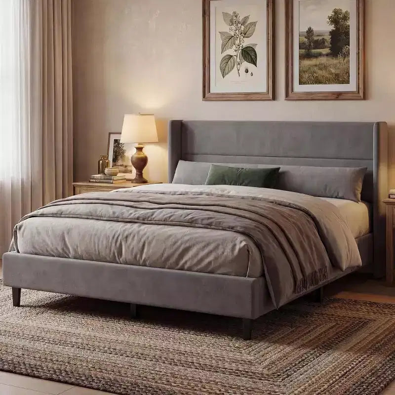 GuatoWave Velvet Upholstered Platform Bed Frame with Tufted Wingback Headboard