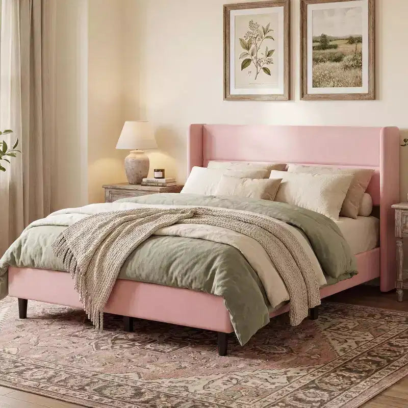 GuatoWave Velvet Upholstered Platform Bed Frame with Tufted Wingback Headboard