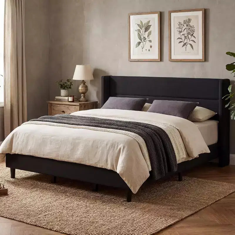 GuatoWave Velvet Upholstered Platform Bed Frame with Tufted Wingback Headboard