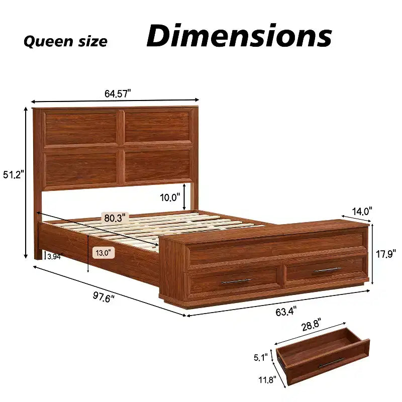 GDFStudio Nuru Modern Wooden Bed Frame with 3D Geometric Headboard and 4-Drawer Storage Bench