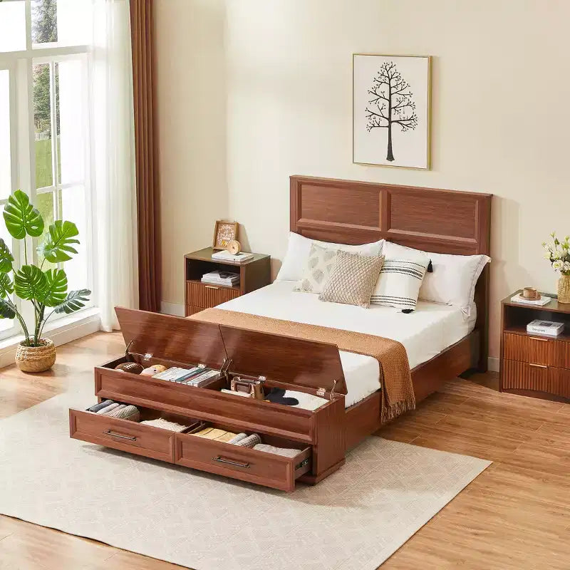 GDFStudio Nuru Modern Wooden Bed Frame with 3D Geometric Headboard and 4-Drawer Storage Bench